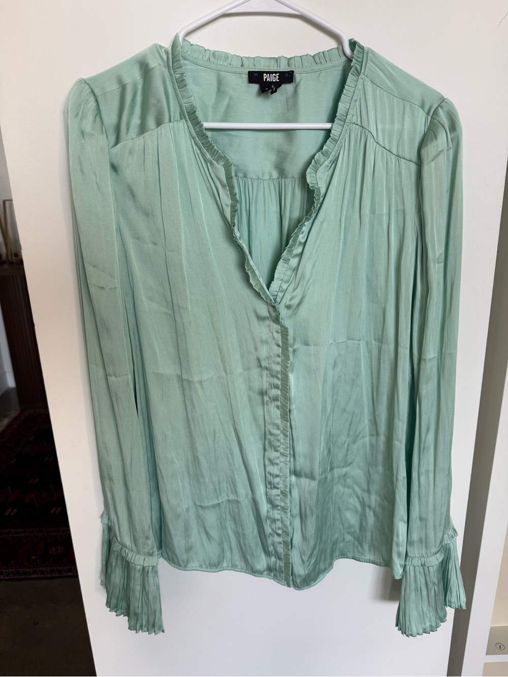 PAIGE Mint Green Ruffle-Trim V-Neck Blouse
